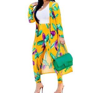 Halo Yellow Purple Green Florals Open Front Cardigan Leggings 2 Piece Suit